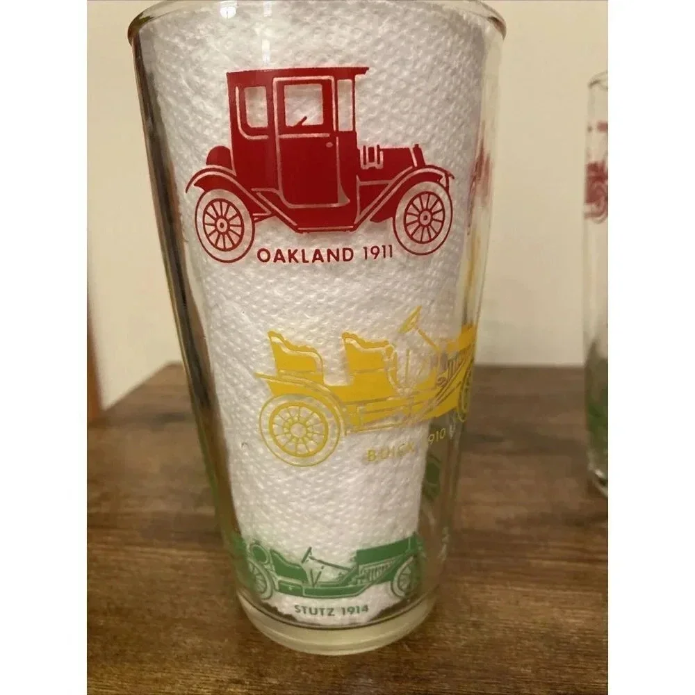 Vintage Red Green Yellow Antique Cars Automobiles Drinking Glass Mid Century Mod